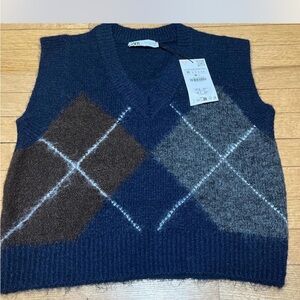 Zara Blue and Brown V-Neck Sweater
